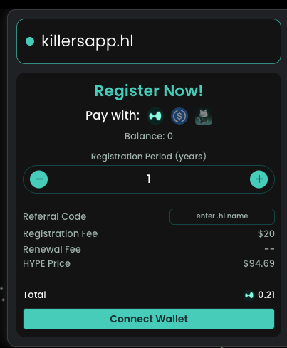 A digital wallet registration interface for 'killersapp.hl' showing a 1-year registration for $94.69, payable with various cryptocurrencies including HYPE.
