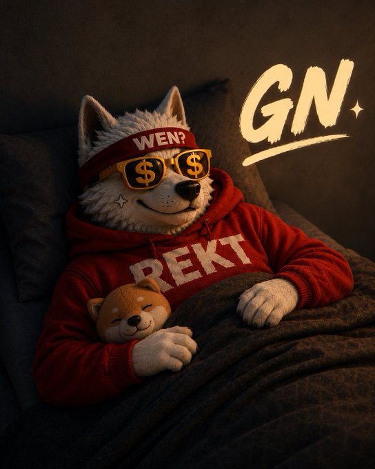 A digital illustration shows an anthropomorphic wolf sleeping in bed wearing a red 'REKT' hoodie, dollar-sign sunglasses, and a 'WEN?' headband, holding a teddy bear, with 'GN' text floating above.