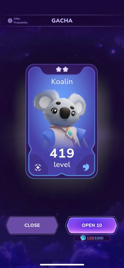 A mobile game 'GACHA' screen showing a 2-star character card named 'Koalin', a koala character, at level 419 with options to 'CLOSE' or 'OPEN 10' (costing 120/1000 gems).