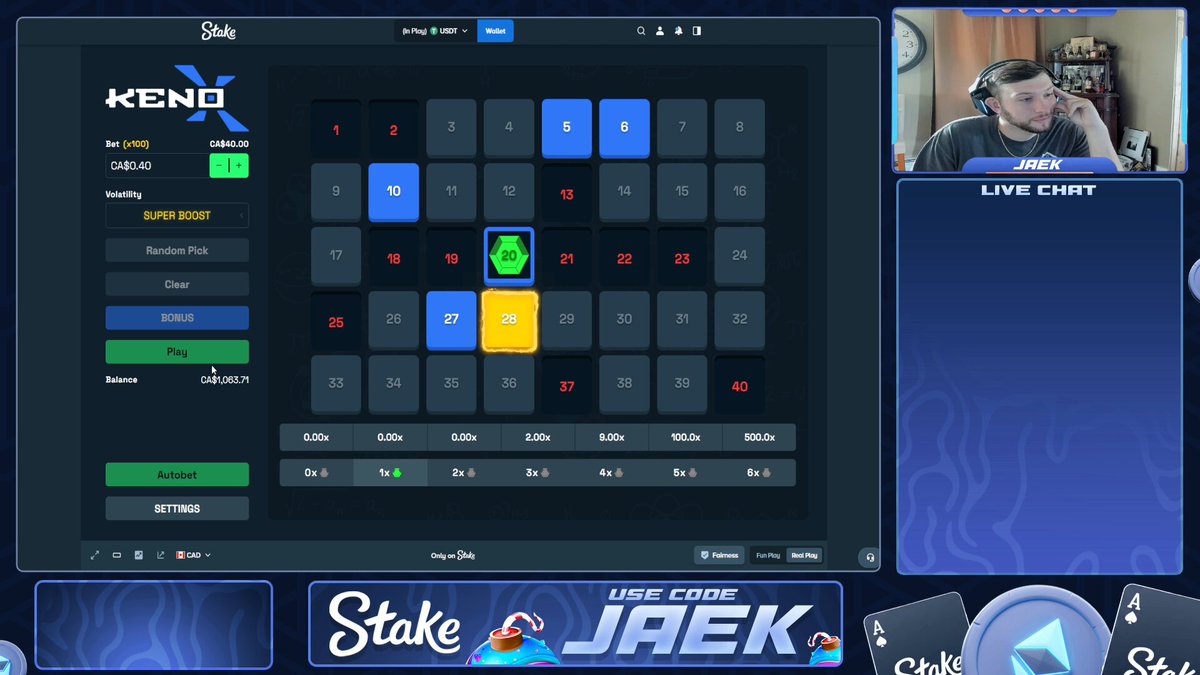 The image shows a screenshot of a video gaming screen that displays a game, with a "Live Chart" showing the time remaining for the player's next move. The game has a unique blue and black theme featuring two rows of tiles. A prominent logo is visible on the bottom left corner of the screen, indicating the game's ownership by Stakebaby. There are two posts related to this game in the image: one offering a $100 giveaway for players to enter at stake.com/jaek, another post suggesting that there is no coding required, and players need not worry about it during gameplay.