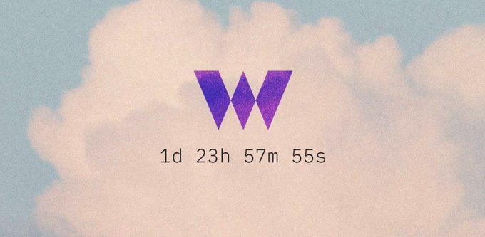 A countdown timer reading "1d 23h 57m 55s" sits beneath a purple geometric "W" logo against a cloud-filled sky, teasing a larger announcement. Given the post mentions "Stickers was a nice bait" and references ethos-foundation.org, the image appears to be a teaser for an upcoming reveal from the Ethos Foundation.