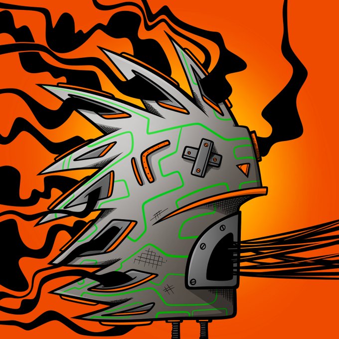 A stylized digital illustration of a metallic, spiked helmet or mask with green circuitry patterns, set against a vibrant orange and black swirling background.