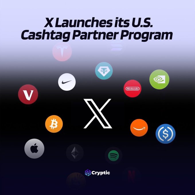 A promotional graphic announces "X Launches its U.S. Cashtag Partner Program" with the X logo at the center, surrounded by recognizable brand icons including Tesla, Nike, Nintendo, NVIDIA, Bitcoin, Amazon, USDC, Apple, Ethereum, and Spotify, illustrating the supported stocks, ETFs, and crypto assets now connected to trading platforms like Coinbase, Kraken, Gemini, Interactive Brokers, and moomoo.