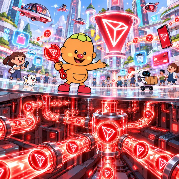 A vibrant digital illustration showing an orange cartoon mascot holding a wrench in a futuristic Tron-inspired city, with red TRON cryptocurrency logos flowing through industrial pipes below.