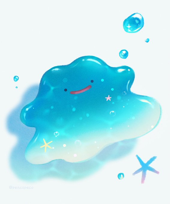 A cute, smiling blue blob creature with a glossy, watery appearance is surrounded by floating bubbles and starfish in a dreamy illustration. The artist's signature "@pepiopecco" appears in the bottom left, matching the whimsical, kawaii aesthetic suggested by the "Metamon" caption.