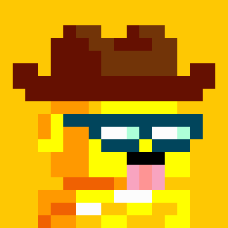 A pixel art character depicting SpongeBob SquarePants styled as Walter White from Breaking Bad, wearing a brown hat and dark glasses with his tongue sticking out.