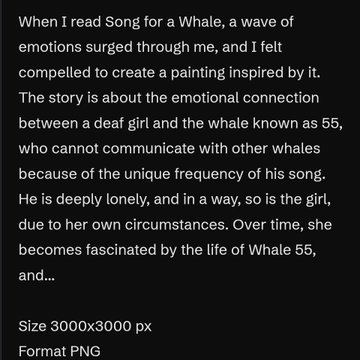 The image shows a black background with white text that reads, "When I read Song for a Whale, a wave of emotions surged through me, and I felt compelled to create a painting inspired by it." The image also contains an attachment labeled "Format: PNG" in the bottom right corner.