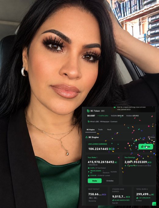 A woman with dramatic makeup and a green satin top poses while an overlaid dashboard displays BC Token (SBC) crypto mining statistics, including unclaimed earnings of 106.2241445 BCD and a CryptoTab browser whitelist referral link.