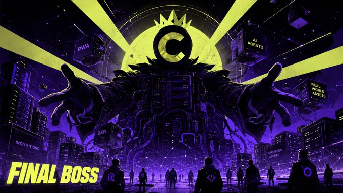 Stylized purple and yellow digital artwork titled 'FINAL BOSS' depicting a giant crowned figure surrounded by floating cubes labeled RWA, AI AGENTS, REAL WORLD ASSETS, INSTITUTIONS, DEFI, and TOKENIZED ASSETS, with silhouettes of onlookers in the foreground.