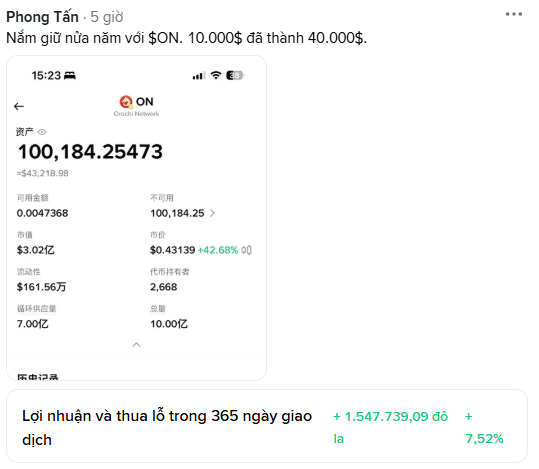 A Vietnamese-language crypto portfolio screenshot showing an ON (Ondo Network) asset balance of 100,184.25473 worth $3.02亿, with a 365-day profit of +1,547,739.09 đồng (+7.52%).