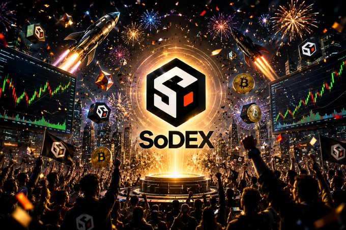 A promotional graphic for 'SoDEX' showing a glowing hexagonal logo above a cheering crowd, with rockets, fireworks, Bitcoin coins, and trading charts in the background.