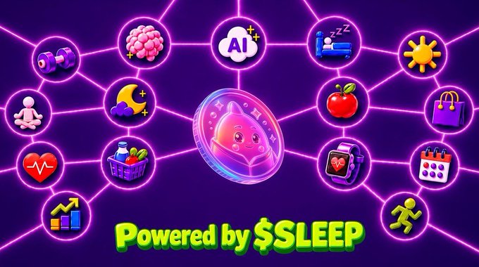 A vibrant neon-purple digital illustration displays a central pink cat-coin connected via glowing lines to icons representing AI, sleep, fitness, health, shopping, and more, with the text 'Powered by $SLEEP' at the bottom.