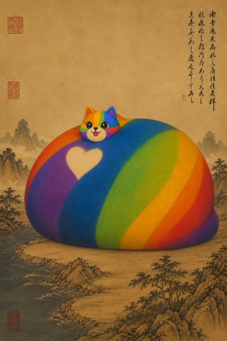An artistic illustration showing a rainbow-colored, round cat with a heart on its side, positioned against a sepia-toned traditional Chinese landscape painting background with calligraphy and seals.