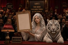The image shows a dramatic scene with a white-haired figure holding a blank gold frame alongside a white tiger, with auction-style signs reading "107," "LOT 1 THE MOST VALUABLE THING," and "305," as well as a "COMPLETED" placard on the red stage. It appears to be a promotional graphic for a "TIGER'S TUESDAY TRIVIA" post about a programmer who accidentally destroyed $300 million worth of Ethereum, fitting with the grand auction-like presentation tying into the tiger theme.