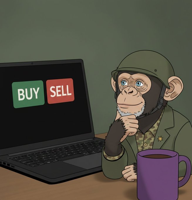 An NFT-style cartoon illustration of a thoughtful chimpanzee wearing military-style helmet and camouflage jacket, sitting in front of a laptop displaying 'BUY' and 'SELL' buttons with a purple coffee mug nearby.