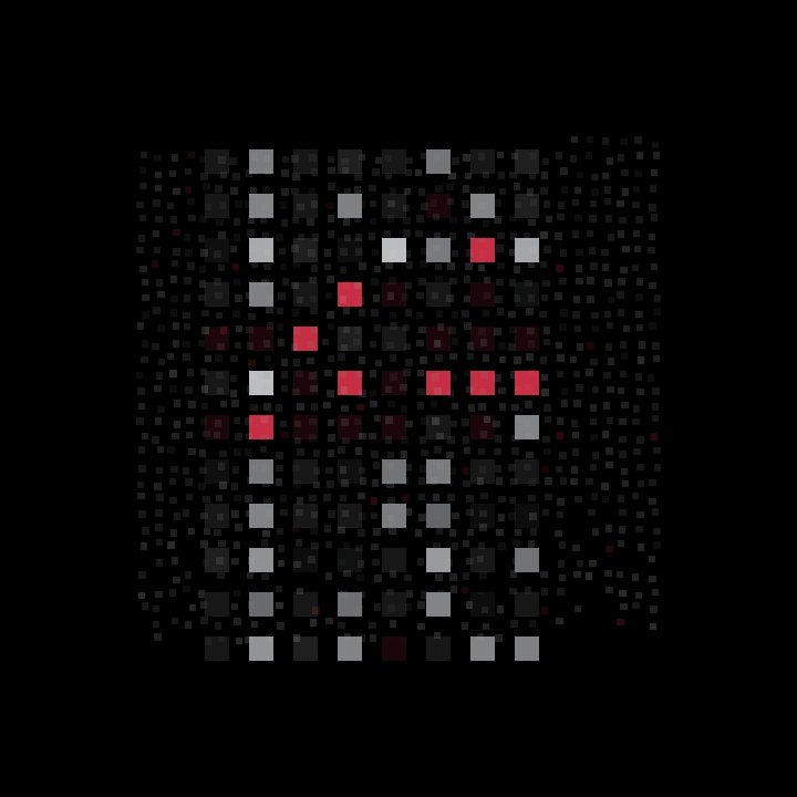The image features a black background with a grid of squares, each square filled with either red or gray colors. The squares are arranged in rows and columns, creating an organized pattern that fills the entire frame. The arrangement of the squares and their contrasting colors make them stand out against the dark backdrop. The post accompanying this image reads: "□■□□□■□□ □■□■□□□□□□□□□□□□□□□□□□□□□□□□□□□□□□□