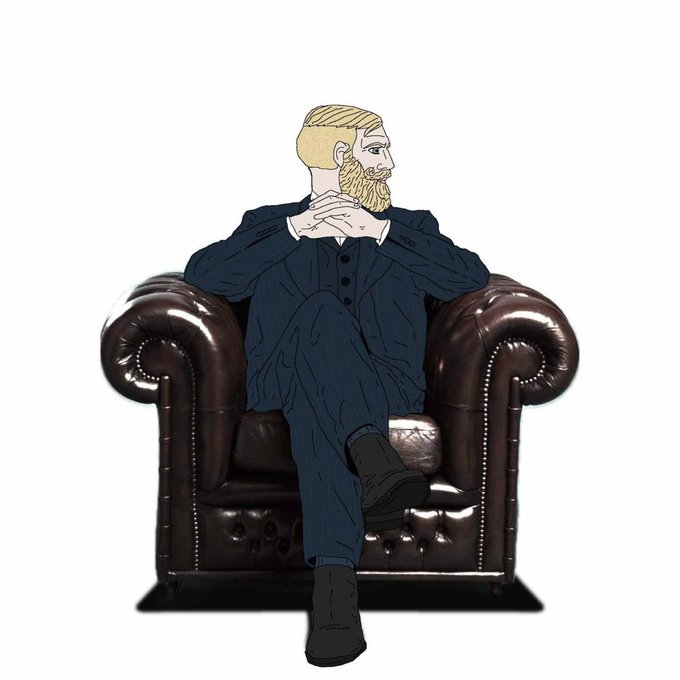 A bearded blonde man in a dark suit sits confidently in a leather armchair, embodying the "Chad" persona referenced in the post, which promotes $CHAD as an overlooked Solana meme coin while declaring $TROLL already a winner. The figure's relaxed, hands-clasped "gigachad" pose visually reinforces the post's swaggering tone of assured victory and trench-warrior dominance.
