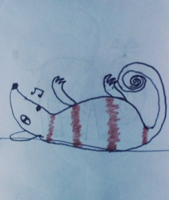 A simple hand-drawn sketch of a dog-like creature with red stripes on its body and a curled tail, sitting on a surface.