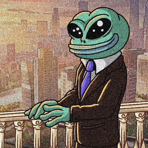 A stylized image of the Pepe the Frog character in a black suit and purple tie, leaning on a balcony railing with a cityscape in the background.