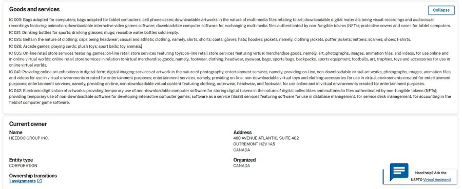 The image shows a USPTO trademark registration record for "Goods and services" covering various digital and retail classifications (IC 009, 021, 025, 028, 035, 041, 042), with the current owner listed as HEEBOO GROUP INC., a Canadian corporation located at 400 Avenue Atlantic, Suite 402, Outremont H2V 1A5. This relates to the post about Claynosaurz reassigning their trademark, as HEEBOO GROUP INC. appears to be the corporate entity that now holds the Claynosaurz trademark.