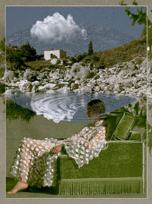 A surreal double-exposure artwork depicts a person in a white floral dress seated on a green couch, with a landscape of clouds, water ripples, and rocky terrain blending into the figure's silhouette.