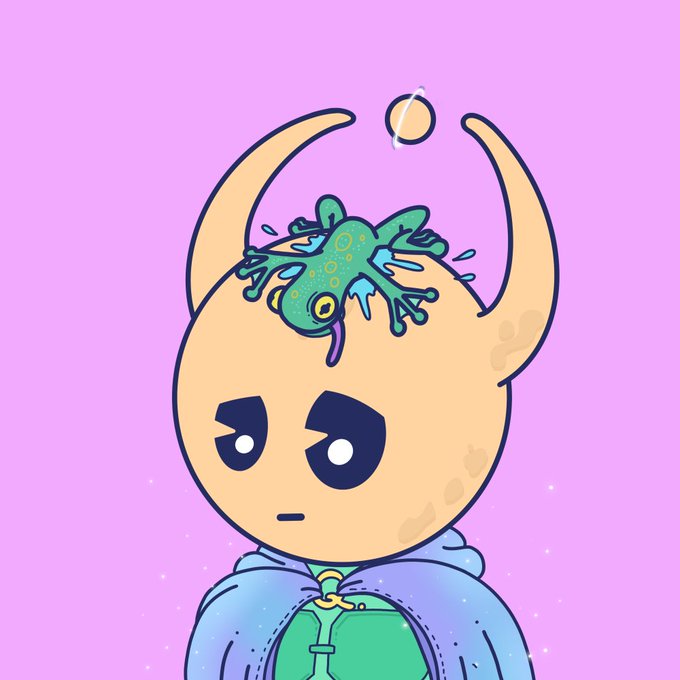 A digital illustration of a cartoon character with large antlers, a small green and purple frog or blob-like creature resting on its head, and a golden ring floating between the antlers, set against a pink background.