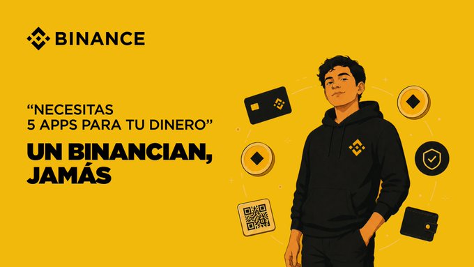 A Binance advertisement featuring a young man in a branded black hoodie surrounded by icons of payment cards, coins, a QR code, and a security shield, with the tagline "NECESITAS 5 APPS PARA TU DINERO" crossed out and replaced by "UN BINANCIAN, JAMÁS," promoting the all-in-one Binance app as a replacement for multiple financial applications.
