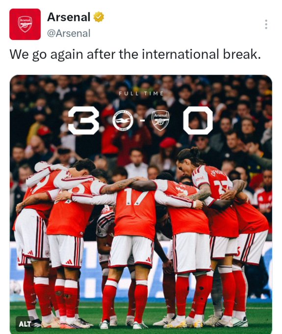 Arsenal Football Club tweet that says 'We go again after the international break' over a full-time image of Arsenal players hugging in a huddle after a 3-0 win against Brighton.