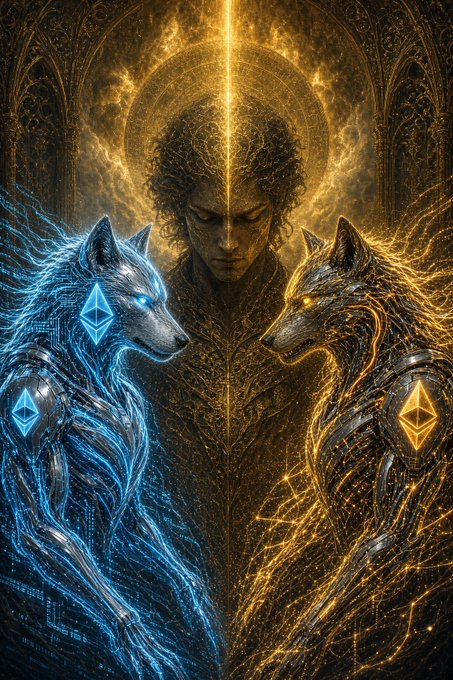 A digital artwork depicting a central figure with glowing eyes flanked by two wolves—one blue with Ethereum logos and one gold with Bitcoin logos.