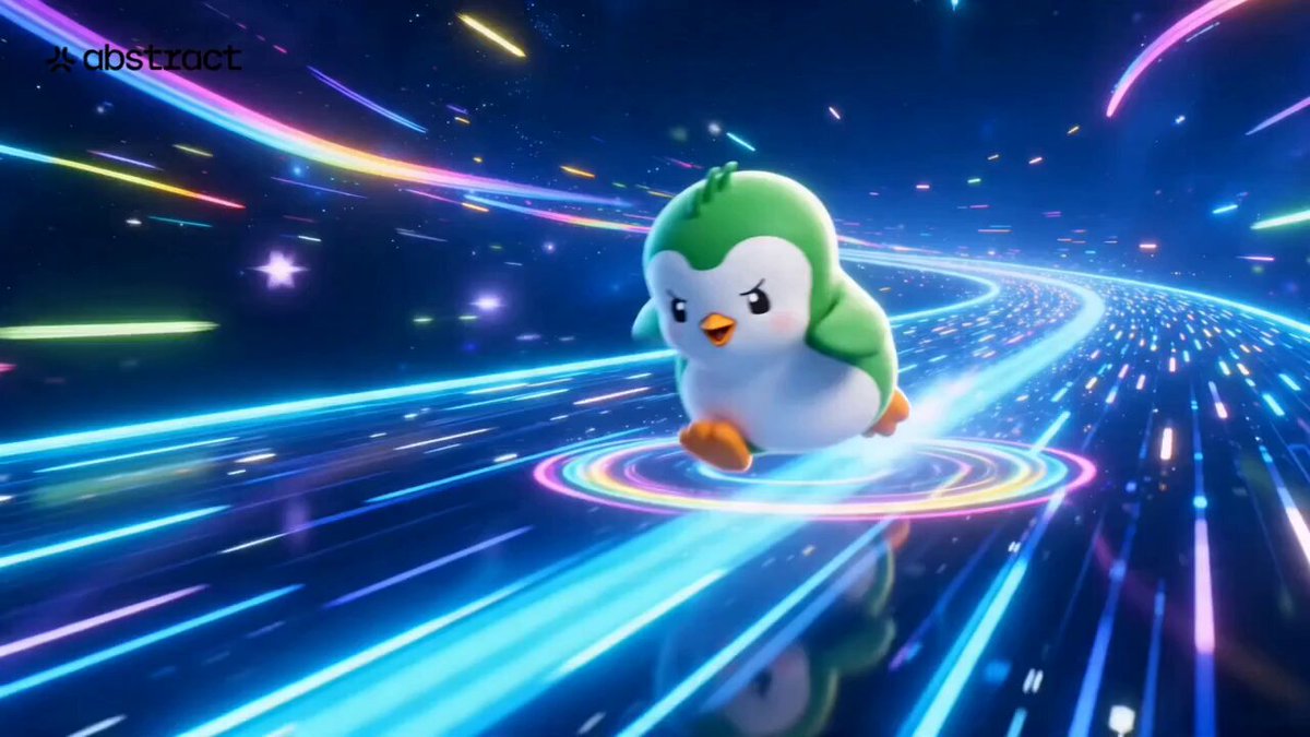 The image features a cartoon penguin with green feathers sitting on top of a rainbow-colored roller coaster track that curves around a pole, creating an illusion of motion as if the penguin is riding the roller coaster. The background of the image is dark blue, and there are colorful streaks in various colors throughout the scene. The post about Happy XP for the week has been shared by someone named Abstract Chain, who has earned +266,727 XP this week.