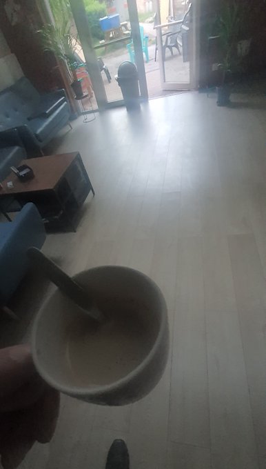 A first-person view of someone holding a mug of coffee or tea with a spoon, with a living room, patio, and outdoor plants visible in the background.