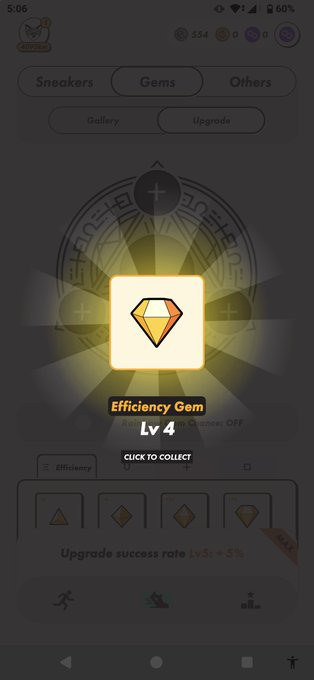 A mobile game screenshot showing an 'Efficiency Gem Lv 4' with 'CLICK TO COLLECT' prompt, featuring upgrade success rate of Lv5: +5% and tabs for Sneakers, Gems, and Others.