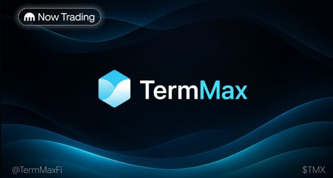 A promotional graphic for 'TermMax' showing a blue cube logo with the text 'Now Trading' in the top left, '@TermMaxFi' in the bottom left, and '$TMX' ticker symbol in the bottom right against a dark wavy blue background.