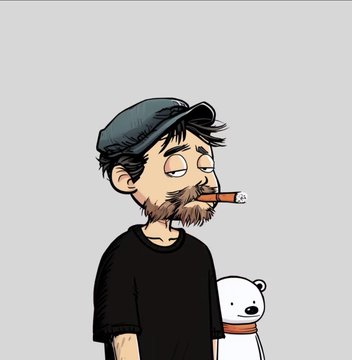 A cartoon-style illustration of a bearded man wearing a gray cap and black shirt, smoking a cigarette, with a small white teddy bear peeking out from his pocket.