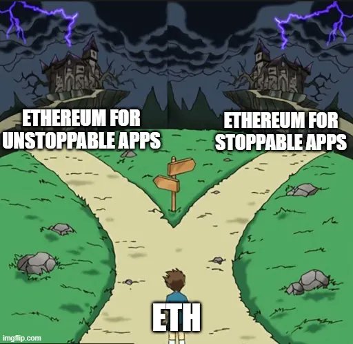 The image features a cartoon depiction of a boy standing at an intersection with two roads, one labeled "Ethereum for Unstoppable Apps" and the other "Ethereum for Stoppable Apps", as well as a sign that says "ETH". The boy is looking down at the road in front of him. The post seems to be discussing the differences between these two types of Ethereum projects or applications, possibly comparing their goals, approaches, or potential impact on the Ethereum ecosystem.