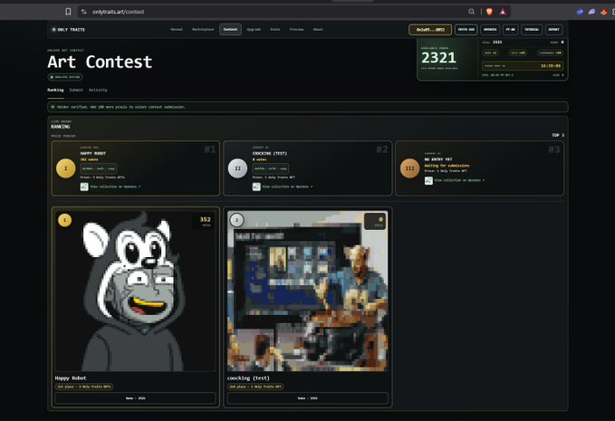 A screenshot of an 'Art Contest' website displaying various user submissions including 'HAPPY ROBOT' and 'Hippu Robot'.