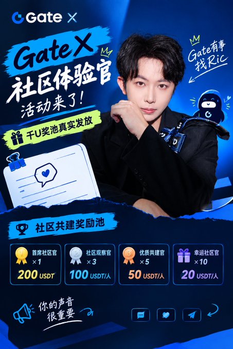 A promotional poster for Gate.io's "Gate X 社区体验官" (Gate X Community Experience Officer) event, featuring a male celebrity and a cartoon mascot, with prize tiers including 200 USDT for Chief Experience Officer (×1), 100 USDT for Community Observer (×3), 50 USDT for Excellent Co-builder (×5), and 20 USDT for Lucky Community Officer (×10), alongside the message "你的声音很重要" (Your voice matters). The accompanying post reflects on the user's long-term relationship with Gate, highlighting how their initial engagement began with practical USDT deposits rather than community activities—aligning with the image's emphasis on rewarding active community participation and co-building rather than just transactions.