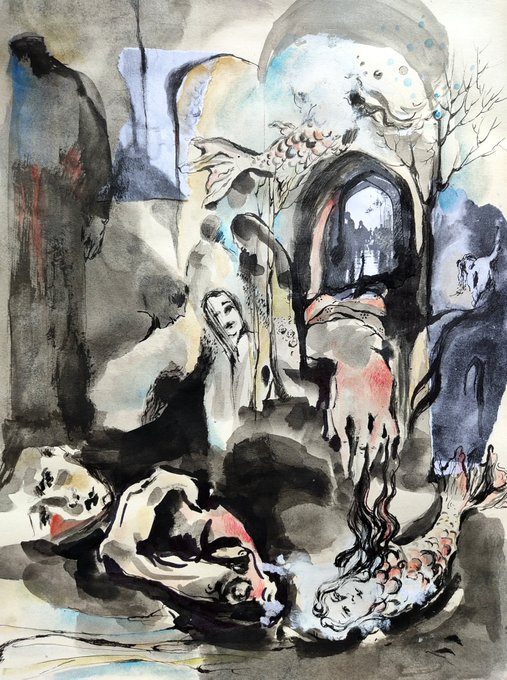 An abstract watercolor and ink painting depicting a figure lying down in the foreground, with a ghostly white bird or phoenix rising behind an arched structure, rendered in muted grays, blacks, and washes of color.