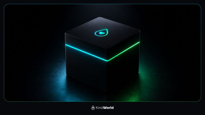 A sleek black cube with glowing cyan and green edges and a "D" logo on top sits against a dark background, with "KinoWorld" branding at the bottom. The mysterious, high-tech imagery reinforces the post's teaser about an upcoming announcement that will enhance the value of every $KNS token held by the community.