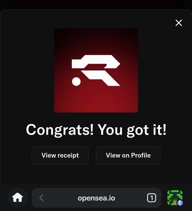 The image shows an OpenSea confirmation pop-up displaying "Congrats! You got it!" with a red logo, accompanied by "View receipt" and "View on Profile" buttons, confirming the successful minting of the Project R3D NFT at the referenced Ethereum prices.