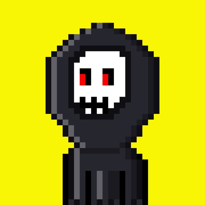 A pixel art character of a grim reaper-like hooded figure with a skull face and red eyes against a bright yellow background.