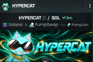HYPERCAT token information showing it trades on Solana via PumpSwap with an 8m market cap, featuring a cat wearing sunglasses.