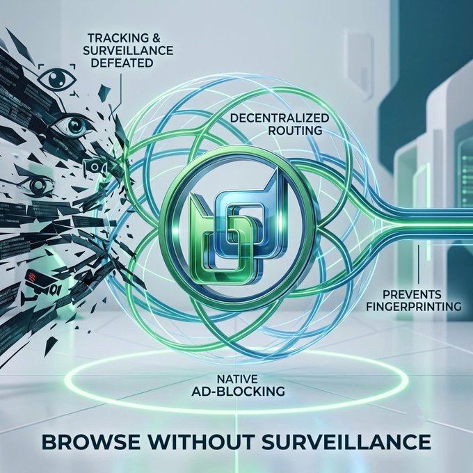A promotional graphic advertising a privacy-focused browser with features like 'Tracking & Surveillance Defeated,' 'Decentralized Routing,' 'Prevents Fingerprinting,' and 'Native Ad-Blocking,' with the tagline 'Browse Without Surveillance.'
