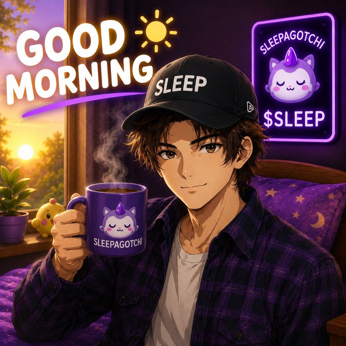The image features a man wearing a baseball cap with "Good Morning" written on it, holding a mug that says "Sleeping" on it. The background shows a bedroom setting with a bed and a window. The caption of the image reads "@sleepagotchi we often blame a lack of discipline when our sleep schedule falls apart but most of the time, discipline isn't the real problem. That's why @sleepless @goodmorning CT stands out".