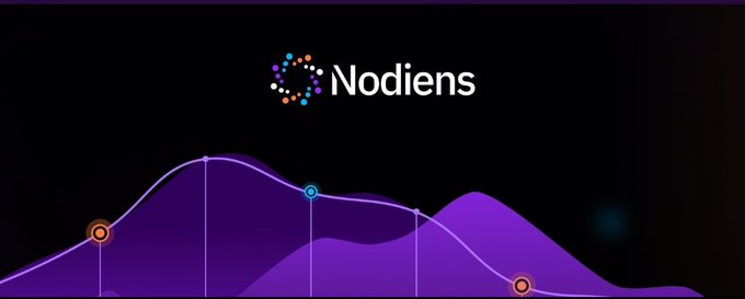 The image features the "Nodiens" logo at the top above a stylized purple layered chart visualization with marked data points, illustrating the platform's approach of revealing the underlying layers (community strength, risk, and attention) behind price movements rather than relying solely on candlestick patterns.
