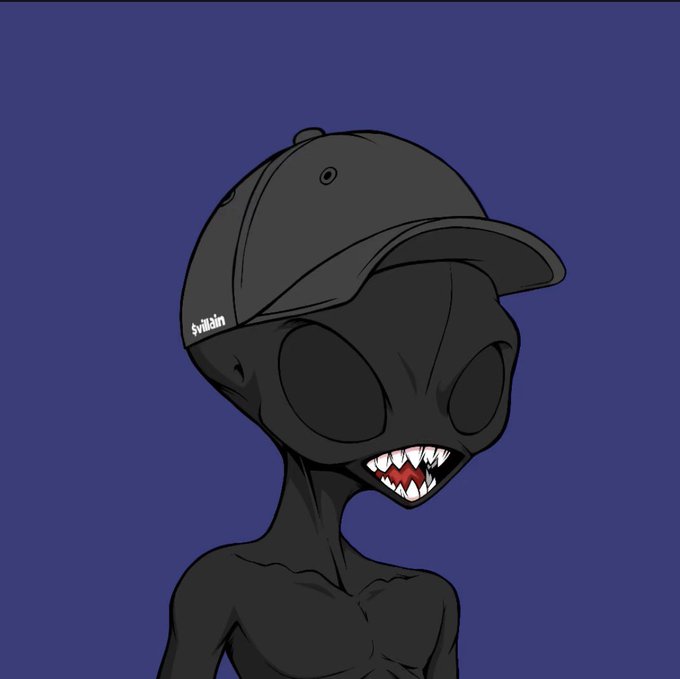 A cartoon illustration depicts a grey alien with large black eyes and sharp teeth wearing a black baseball cap on a purple background.