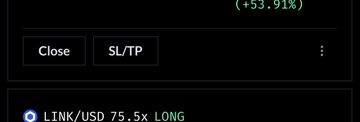 A dark trading screen showing interface buttons labeled "Close" and "SL/TP", with text at the bottom reading "O LINK/USD 75.5x LONG".