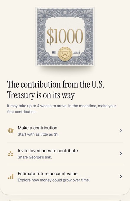 A mobile app screen from a 529 college savings account (referencing "George") showing a $1,000 contribution from the U.S. Treasury with options to make additional contributions, invite loved ones, and estimate future value—illustrating the user's dual reaction to receiving government money for their child's future while expressing concern about inflation and the dollar's long-term value.