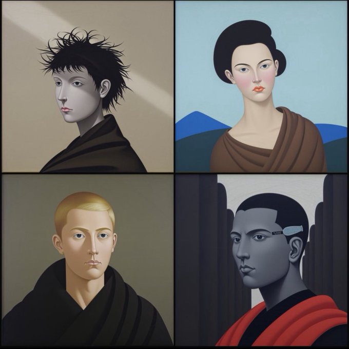 A 2x2 grid of four AI-generated portraits in various art styles, featuring stylized human figures with distinct hair and clothing.