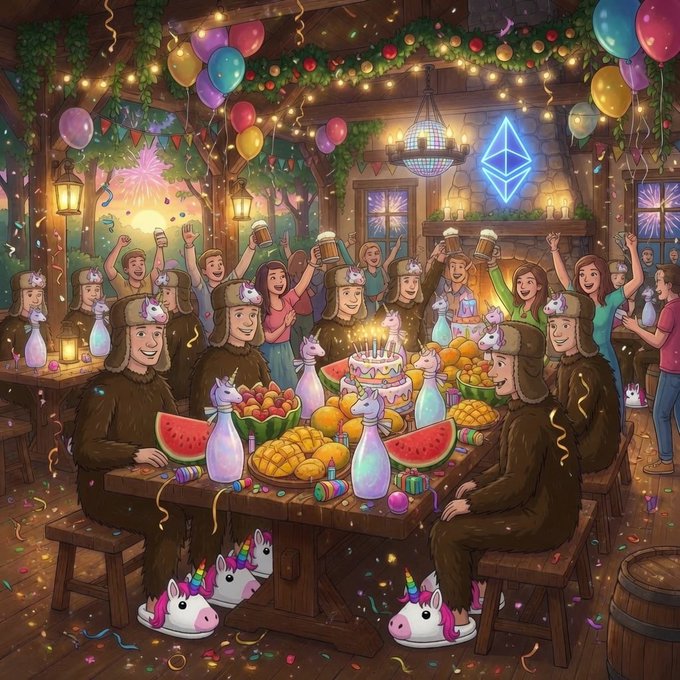 A whimsical, colorful digital illustration of a festive party scene featuring people in animal costumes (including cats and unicorns) gathered around a table with fruit, cake, and beer, with an Ethereum logo visible as a neon sign and balloons overhead.